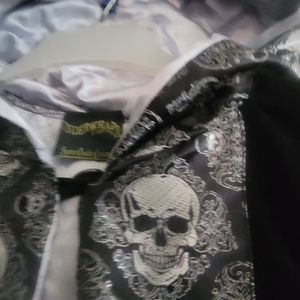 Black Velvet And Siver Satin Cape With Hood And skulls